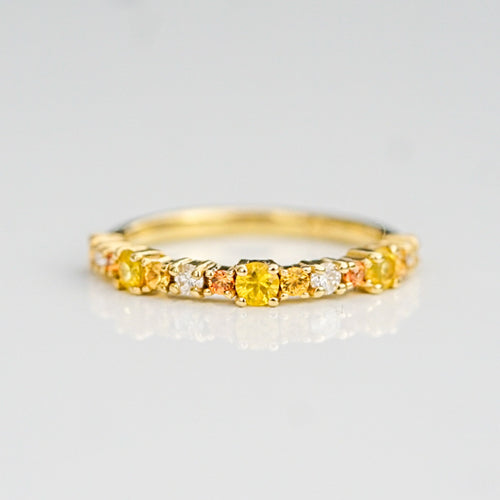 Golden Hour 9ct gold stacking ring with orange sapphires, yellow sapphires and lab diamonds.