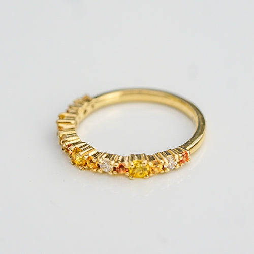 Golden Hour 9ct gold stacking ring with orange sapphires, yellow sapphires and lab diamonds.